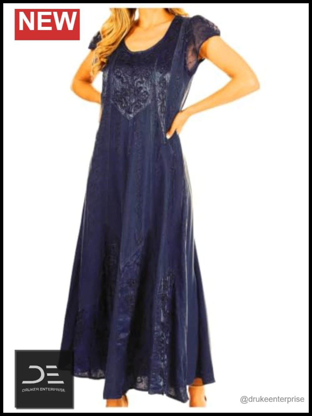 Women's Casual Maxi Dress Short Lace Sleeve Stonewashed Caftan Boho